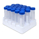 50mL Rankin centrifuge tubes in a white Styrofoam plate for laboratory use, organized and ready for sample processing.