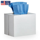 Blue heavy duty lab wipes in a Rankin pop-up box, 9" x 17" disposable consumables for laboratory cleaning.