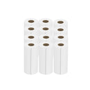 Stack of 12 rolls of Rankin smooth table paper, 8 x 225 inches, used for table covering and disposable tableware.