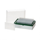 Sterile green Simport Biotube rack with 12 strips of 8 tubes for scientific consumables.