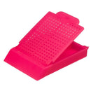 Pink Priority Histosette II Biopsy Cassettes by Simport Scientific, shown in a tray with multiple plastic cassettes for tissue sampling.