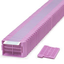 Swingsette Laser Tissue Cassettes by Simport Scientific, taped, in lilac color, used for laboratory tissue sample processing.