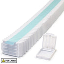 Histosette II Laser Tissue Cassettes by Simport Scientific, taped consumables for laboratory tissue processing, white plastic cassettes.