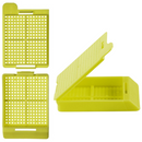 Swingsette Biopsy Cassettes from Simport Scientific with detached lid, white plastic consumables for laboratory tissue sample processing.