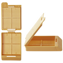 White Swingsette biopsy cassette with detached lid by Simport Scientific, shown with lid separated, for laboratory tissue sample storage.