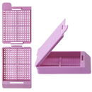 White Swingsette Biopsy Cassettes by Simport Scientific with detached lid, shown in a pack of 1,000 consumables for laboratory use.