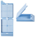 White Unisette biopsy cassettes for Primera by Simport Scientific, shown in a case of 1,500 used for laboratory consumables.