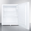 Undercounter compact all-refrigerator by Summit, showing stainless steel door and interior shelves for commercial or home use.