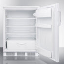 Undercounter Compact All-Refrigerator by Summit, showing a stainless steel front with a handle for commercial kitchen use.