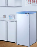 White 24-inch wide upright medical refrigerator by Summit, showcasing temperature control and storage shelves for healthcare equipment.